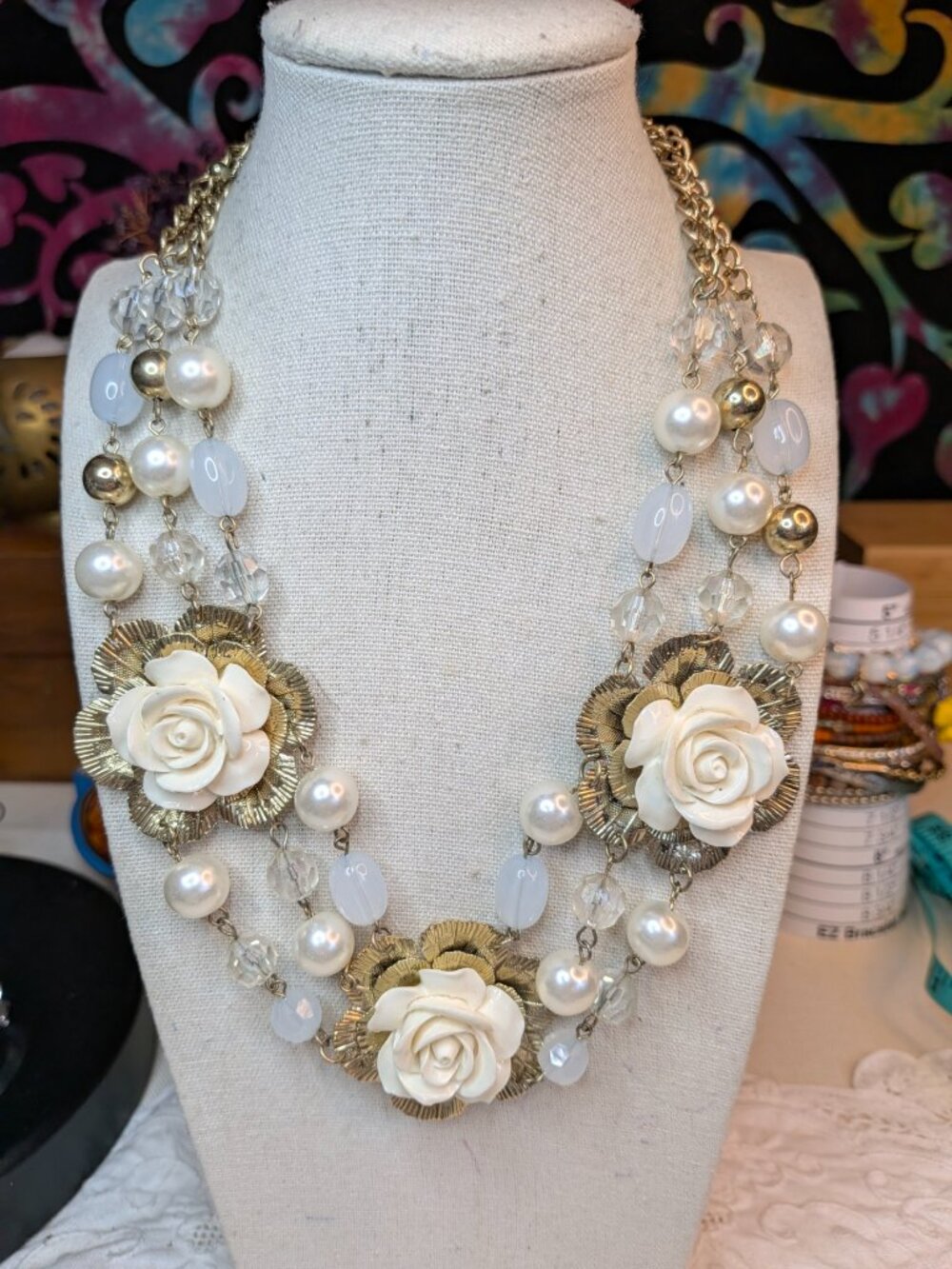Vintage Cream Rose & Faux Pearl Three‑Strand Bib Necklace